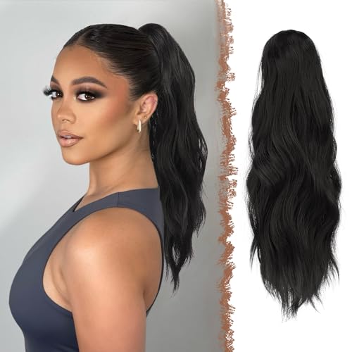 FESHFEN Gewellt Pferdeschwanz Haarteil mit Klammer, 50cm Pferdeschwanz Zopf Extensions Claw Clip in Wavy Ponytail Extension Synthetik Haarverlängerung für Frauen Damen Aus Schwarz von FESHFEN
