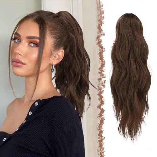 FESHFEN Gewellt Pferdeschwanz Haarteil mit Klammer, 50cm Pferdeschwanz Zopf Extensions Claw Clip in Wavy Ponytail Extension Synthetik Haarverlängerung für Frauen Damen Dunkelbraun & Rotbraun von FESHFEN