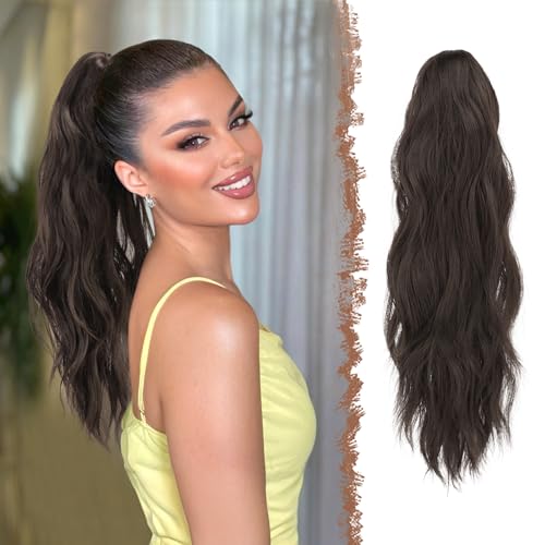 FESHFEN Gewellt Pferdeschwanz Haarteil mit Klammer, 50cm Pferdeschwanz Zopf Extensions Claw Clip in Wavy Ponytail Extension Synthetik Haarverlängerung für Frauen Damen Dunkelbraun von FESHFEN