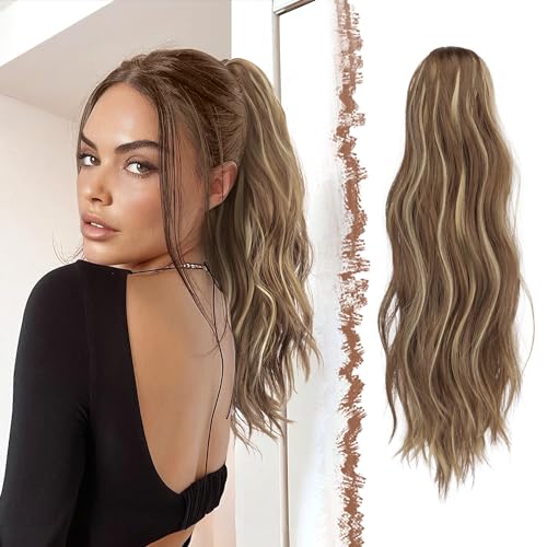 FESHFEN Gewellt Pferdeschwanz Haarteil mit Klammer, 50cm Pferdeschwanz Zopf Extensions Claw Clip in Wavy Ponytail Extension Synthetik Haarverlängerung für Frauen Damen Hellbraun und Blond von FESHFEN