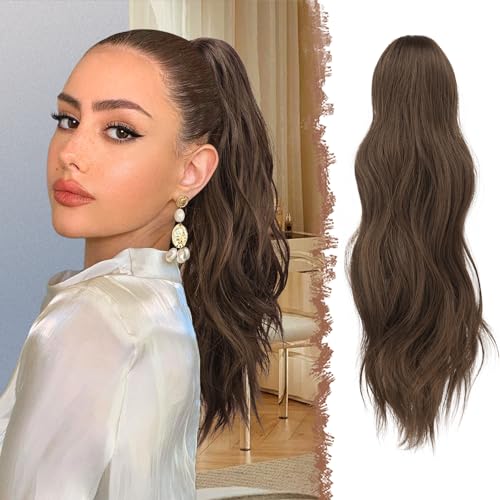 FESHFEN Gewellt Pferdeschwanz Haarteil mit Klammer, 50cm Pferdeschwanz Zopf Extensions Claw Clip in Wavy Ponytail Extension Synthetik Haarverlängerung für Frauen Damen Kastanie Braun von FESHFEN