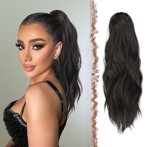 FESHFEN Gewellt Pferdeschwanz Haarteil mit Klammer, 50cm Pferdeschwanz Zopf Extensions Claw Clip in Wavy Ponytail Extension Synthetik Haarverlängerung für Frauen Damen Natürliches Schwarz von FESHFEN