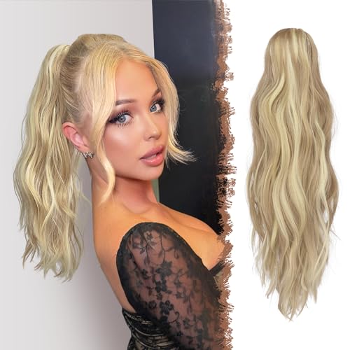 FESHFEN Gewellt Pferdeschwanz Haarteil mit Klammer, 50cm Pferdeschwanz Zopf Extensions Claw Clip in Wavy Ponytail Extension Synthetik Haarverlängerung für Damen, Dreckiges Blond von FESHFEN