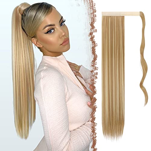 FESHFEN Lang Glattes Pferdeschwanz Haarteil Synthetik Haarverlängerung Zopf Haar Extension für Damen Mädchen, Goldenes Blond & Bleichblond 60 cm von FESHFEN