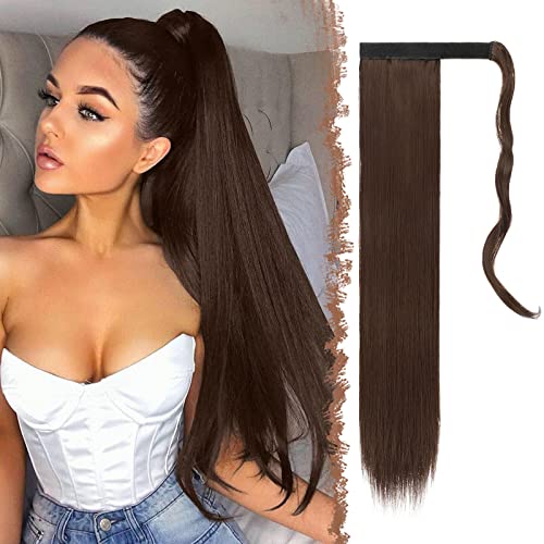 FESHFEN Lang Glattes Pferdeschwanz Haarteil Synthetik Haarverlängerung Zopf Haar Extension für Damen Mädchen, Mittel Braun 60 cm von FESHFEN