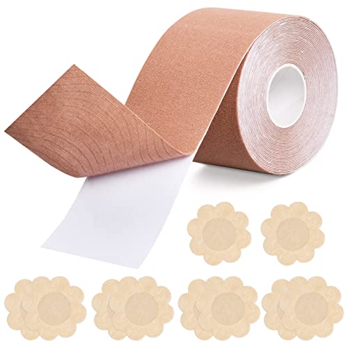 1 Rollen Body Tape Brust Unsichtbarer Busen Tape, 5 Paare Nippelpads Push Up Groß Einweg Brustpasteten Selbstklebende, Bruststraffung Band Brustband BH Tape für A-E-Cup-Tag mit Großer (Nackt) von FESSOSKO