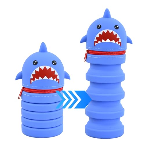 FESSOSKO 2-in-1 Schulmäppchen Aus Weichem Silikon, Mäppchen, Federmäppchen, Stand Up Federmäppchen, Tier Stifthalter, Geeignet für Jungen und Mädchen, Hai-Muster von FESSOSKO