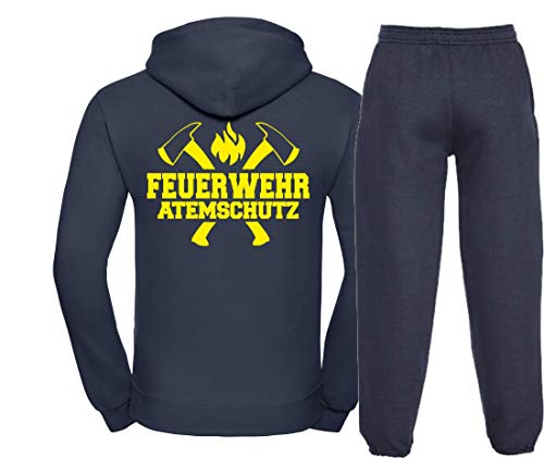 Kapuzen-Jogginganzug Navy, Feuerwehr ATEMSCHUTZ, Äxte Neongelb M von FEUER1