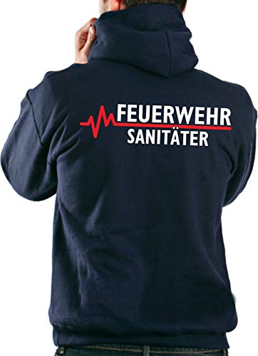 Kapuzensweatjacke Navy, Feuerwehr - SANITÄTER mit roter EKG-Linie XXL von FEUER1