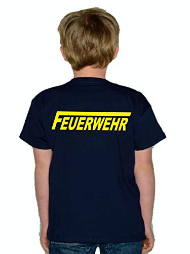 Kinder Poloshirt Navy, Feuerwehr mit langem F beidseitig in Neongelb 152 (11-12 Jahre) XXL von FEUER1