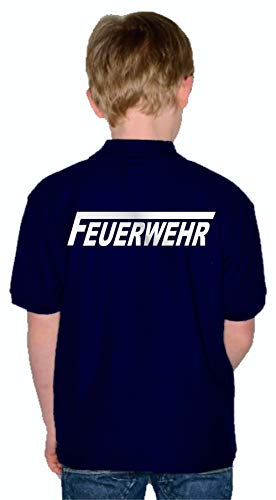Kinder Poloshirt Navy, Feuerwehr mit langem F beidseitig silbern 152 (11-12 Jahre) XXL von FEUER1