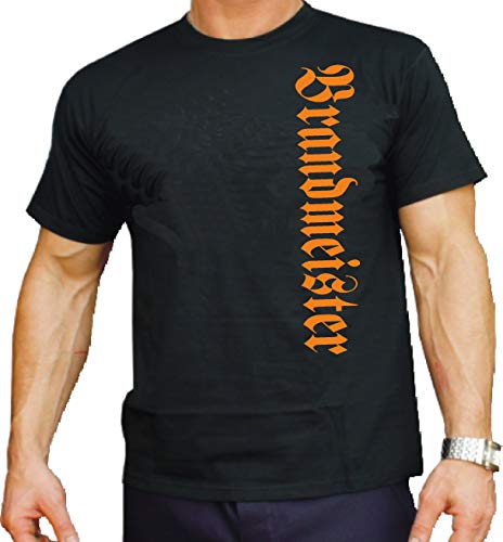 T-Shirt Black, Brandmeister vertikal in orange, nur Brustdruck 4XL von FEUER1