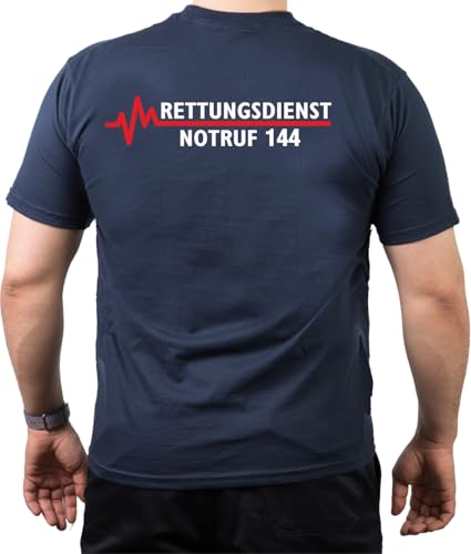 T-Shirt Navy, Rettungsdienst Notruf 144 (Österreich+Schweiz) mit roter EKG-Linie L von FEUER1