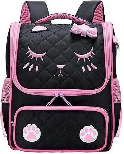 FEWOFJ Schulrucksack mit Katzengesicht für Mädchen, niedliche Grundschultaschen, Büchertaschen für Kinder, HPblack von FEWOFJ