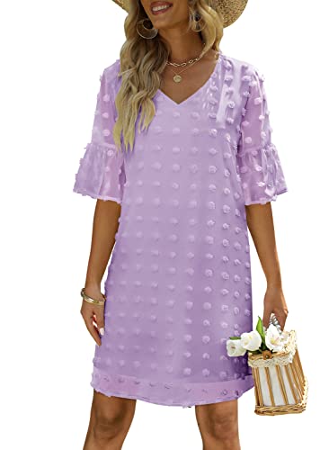 FEXIXV Damen Sommerkleid, kurze Ärmel, V-Ausschnitt, Chiffon, Schweizer Punkte, fließendes kurzes Kleid, Violett, X-Groß von FEXIXV