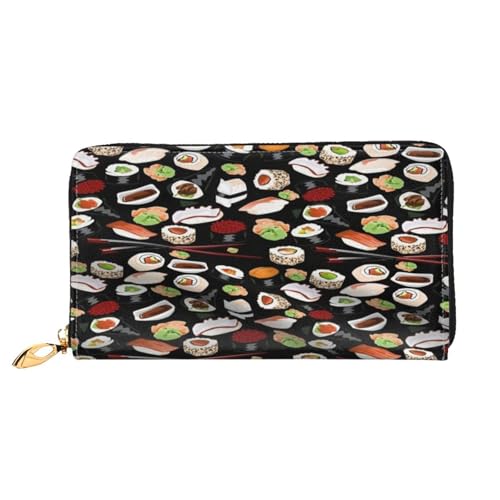 FEYUNYAN Damen-Geldbörse aus Leder, lang, japanisches Sushi, schwarz, RFID-blockierend, große Kapazität, Scheckbuchhalter, mehrere Kartenfächer, Reißverschluss, Münzgeldbörse, Leder, Damengeldbörsen von FEYUNYAN