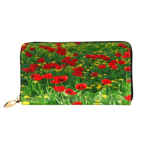 FEYUNYAN Damen Leder Lange Geldbörse Organizer Red Poppy Field Farm Damen Geldbörse RFID Blockierung Große Kapazität Scheckbuchhalter Mehrere Kartenfächer Reißverschluss Münzbörse Leder Damen von FEYUNYAN