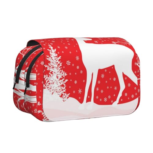 FEYUNYAN Doppelschichtiges Federmäppchen, großes Fassungsvermögen, strapazierfähiges Oxford-Gewebe, Schreibwaren-Organizer für Schulbedarf, Reisen, Prüfungen, Weihnachten, Winter, Hirsch von FEYUNYAN