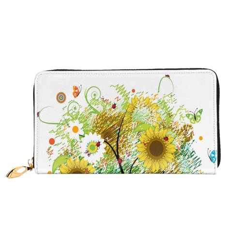 FEYUNYAN Einzigartige Geldbörse für Damen, Blumenbaum, Sonnenblumen, Schmetterlinge, Leder, Geldbörse, Organizer mit Münzfach mit Reißverschluss und Kartenfächern, RFID-blockierend, schmal, faltbare von FEYUNYAN