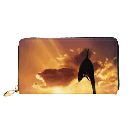 FEYUNYAN Einzigartige Geldbörse für Damen, Delfin bei Dämmerung, Leder, Geldbörsen-Organizer mit Münzfach mit Reißverschluss und Kartenfächern, RFID-blockierend, schmal, faltbare Geldbörse für den von FEYUNYAN