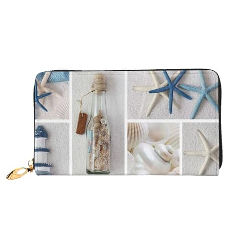 FEYUNYAN Einzigartige Geldbörse für Damen, Flaschenmuschel, Seestern, Leder, Geldbörse, Organizer mit Münzfach mit Reißverschluss und Kartenfächern, RFID-blockierend, schmal, faltbare Geldbörse für von FEYUNYAN