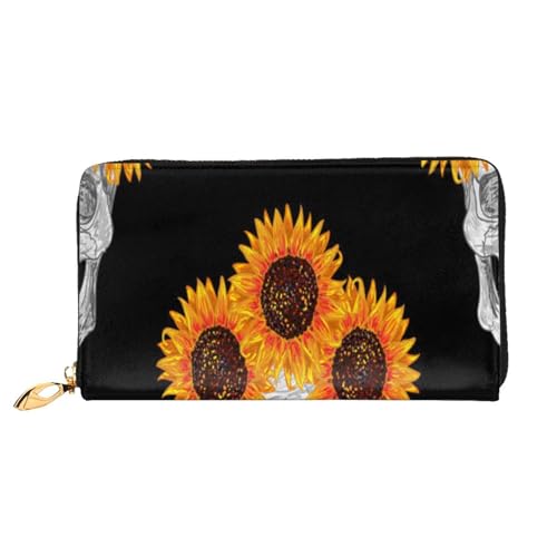 FEYUNYAN Einzigartige Geldbörse für Damen, Sonnenblumen-Halloween-Totenkopf-Leder, Geldbörsen-Organizer mit Münzfach mit Reißverschluss und Kartenfächern, RFID-blockierend, schmal, faltbare Geldbörse von FEYUNYAN
