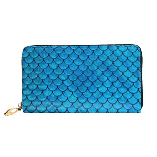 FEYUNYAN Einzigartige Geldbörse für Damen, blaue Fischschuppen-Ledergeldbörse mit Münzfach mit Reißverschluss und Kartenfächern, RFID-blockierend, schmal, faltbare Geldbörse für den täglichen Gebrauch von FEYUNYAN
