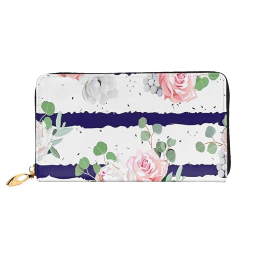 FEYUNYAN Einzigartige Geldbörse für Damen, marineblau, gestreift, Blumensträuße, Ledergeldbörse, Organizer mit Münzfach mit Reißverschluss und Kartenfächern, RFID-blockierend, schmal, faltbare von FEYUNYAN