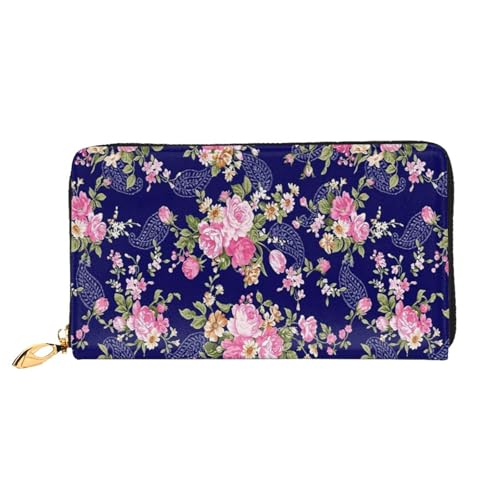 FEYUNYAN Einzigartige Geldbörse für Damen, marineblaue Basis, Blumenmuster, Leder, Geldbörsen-Organizer mit Münzfach mit Reißverschluss und Kartenfächern, RFID-blockierend, schmal, faltbare Geldbörse von FEYUNYAN