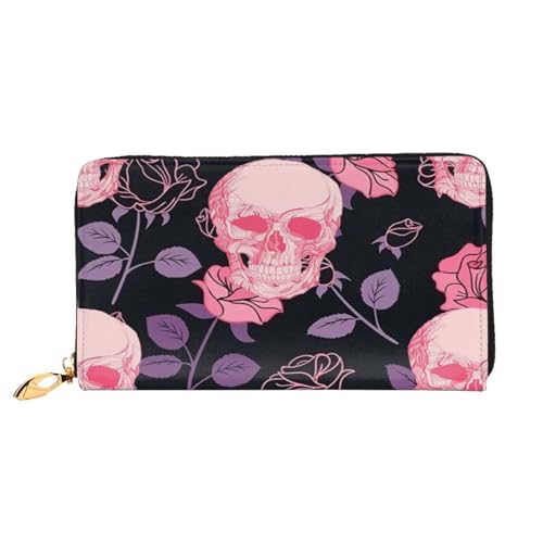 FEYUNYAN Einzigartige Geldbörse für Damen, violette Rose Totenkopf-Leder, Geldbörsen-Organizer mit Münzfach mit Reißverschluss und Kartenfächern, RFID-blockierend, schmal, faltbare Geldbörse für den von FEYUNYAN