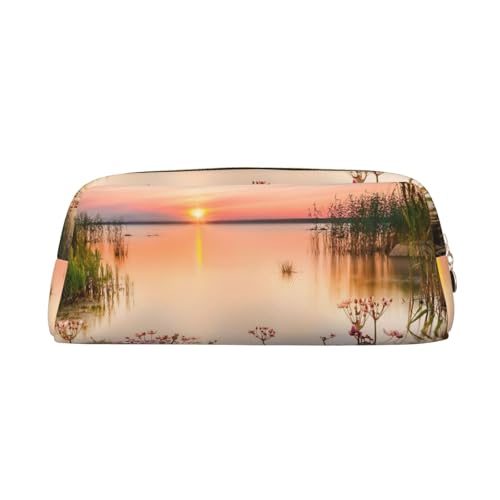 FEYUNYAN Federmäppchen aus Leder, Premium-PVC-Kosmetiktasche, 8 x 5,5 x 20,5 cm, Seeblick, Blumen, Blätter, Bleistifttasche, wasserdichte Make-up-Reisetasche mit kratzfester Polsterung für Schule von FEYUNYAN