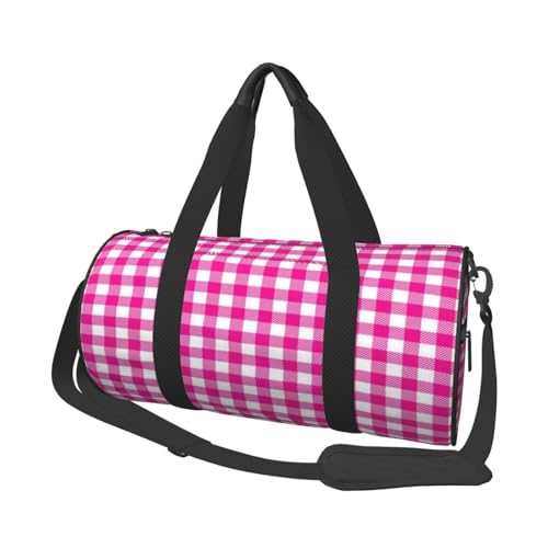 FEYUNYAN Große Kapazität, runde Seesack, rosa kariert, geräumige Reisetasche mit verstellbarem Riemen, wasserabweisend, Turnbeutel für Sport, Strand, Wochenendausflüge, pinkes Karomuster von FEYUNYAN