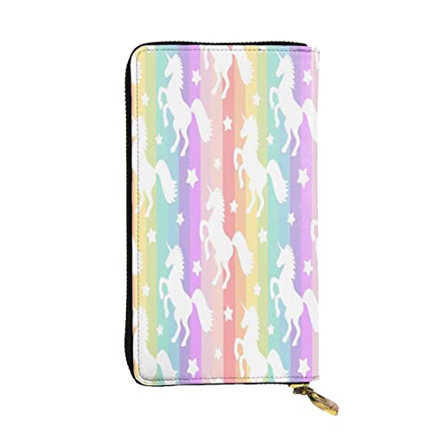 FEYUNYAN Lange Clutch-Geldbörse aus Leder für Damen, große Kapazität, Ausweis-Organizer mit Reißverschlusstasche, Einhörner auf bunten Streifen, lange Geldbörse für Damen (Reisen, Alltag), Einhörner von FEYUNYAN