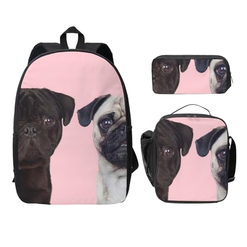 FEYUNYAN Schulrucksack Mädchen Jungen, Lustiger Tier Mops Hund Druck Schultasche 3er Set 15 Zoll Laptop Rucksack Isolierte Lunchtasche Federmäppchen Mittelschule für Teen Jugend Studenten, Lustiger von FEYUNYAN