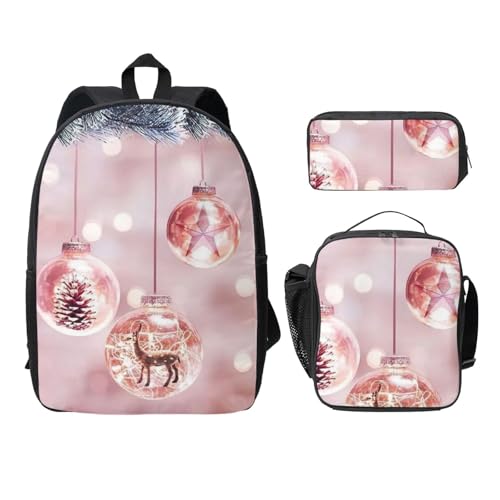 FEYUNYAN Schulrucksack Mädchen Jungen, Weihnachten Ball Druck Schultasche 3er Set, 15 Zoll Laptop Rucksack, Isolierte Lunchtasche Federmäppchen Mittelschultasche für Teen Jugend Studenten von FEYUNYAN