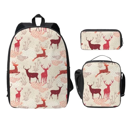 FEYUNYAN Schulrucksack Mädchen Jungen, Weihnachten Elch Druck Schultasche 3er Set, 15 Zoll Laptop Rucksack, Isolierte Lunchtasche Federmäppchen Mittelschultasche für Teen Jugend Studenten von FEYUNYAN