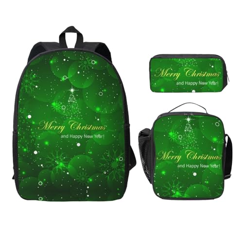 FEYUNYAN Schulrucksack für Mädchen und Jungen, Frohe Weihnachten Druck Schultasche 3er Set, 15 Zoll Laptop Rucksack, Isolierte Lunchtasche Federmäppchen Mittelschultasche für Teen Jugend Studenten von FEYUNYAN