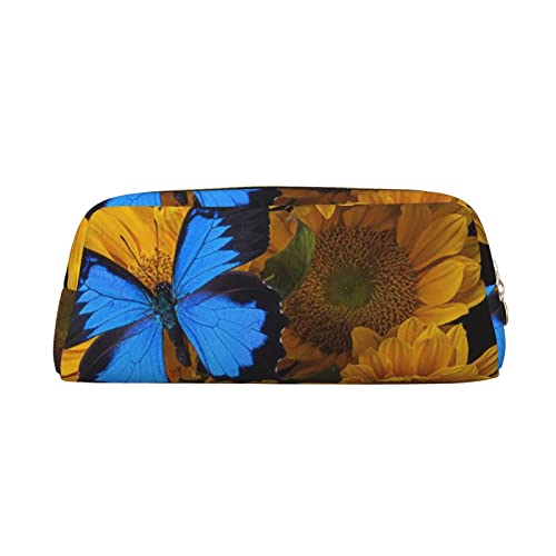 Federmäppchen aus Leder, Premium-PVC-Kosmetiktasche, 8 x 5,5 x 20,5 cm, gelbe Sonnenblumen, blaue Schmetterlinge, Federmäppchen, wasserdichte Make-up-Reisetasche mit kratzfester Polsterung für Schule von FEYUNYAN