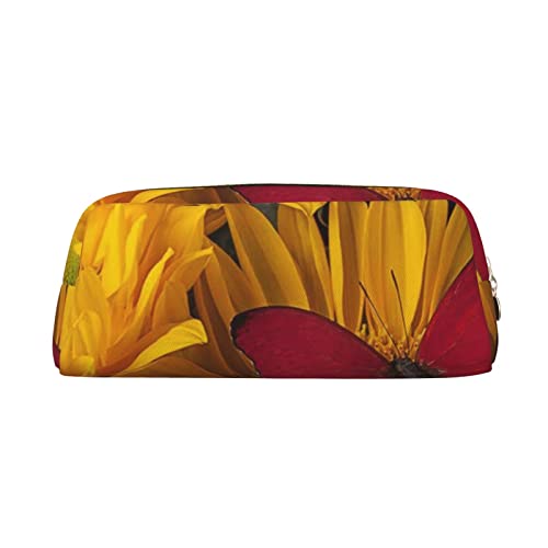 Federmäppchen aus Leder, Premium-PVC-Kosmetiktasche, 8 x 5,5 x 20,5 cm, gelbe Sonnenblumen mit rotem Schmetterling, Federmäppchen, wasserdicht, Make-up, Reisetasche, mit kratzfester Polsterung, für von FEYUNYAN