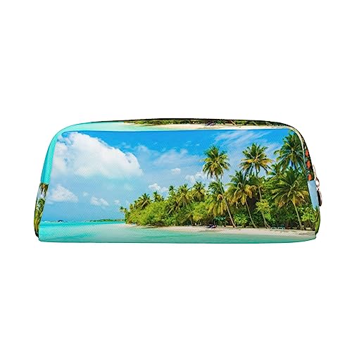 Leder-Federmäppchen, Organizer, Premium-PVC-Kosmetiktasche, 8 x 5,5 x 20,5 cm, Motiv: Insel, Sandstrand, Palme, Federmäppchen, wasserdichte Make-up-Reisetasche mit kratzfester Polsterung für Schule von FEYUNYAN