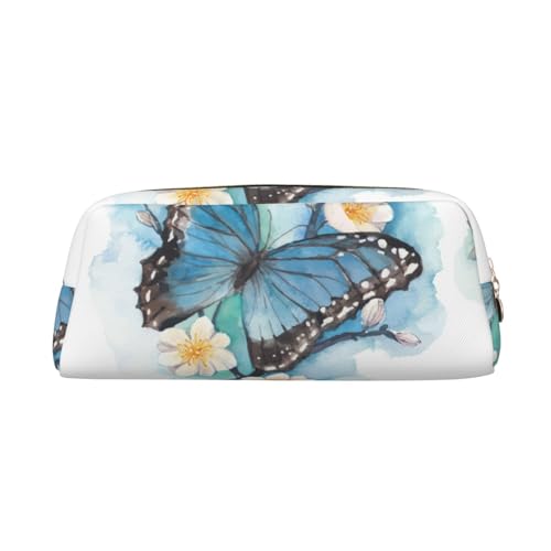 Leder-Federmäppchen, Organizer, Premium-PVC-Kosmetiktasche, 8 x 5,5 x 20,5 cm, blaue Schmetterlingsblüten-Blume, Bleistifttasche, wasserdichte Make-up-Reisetasche mit kratzfester Polsterung für Schule von FEYUNYAN