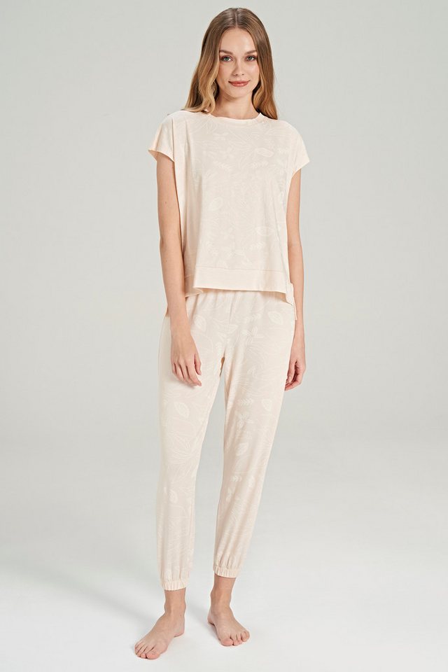 FEYZA Capri-Pyjama Damen Baumwoll-Pyjama-Set mit Blattmuster – 2-teilig, Beige FEYZA Capri-Pyjama Damen Baumwoll-Pyjama-Set mit Blattmuster – 2-teilig, Beige von FEYZA