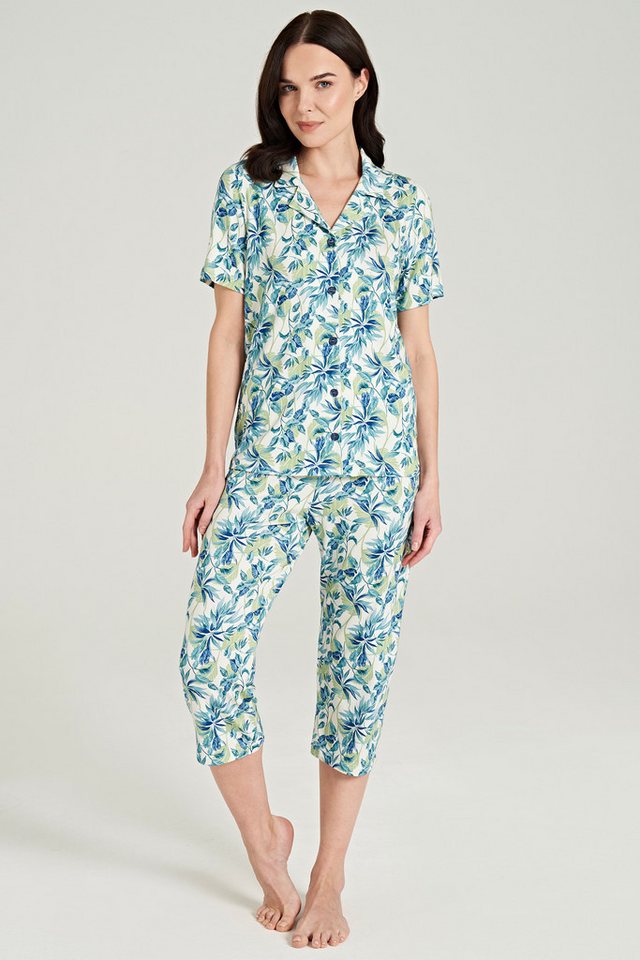 FEYZA Capri-Pyjama Damen Capri-Pyjama-Set mit Blattdruck und Knopfleiste Weiches Tragegefühl, Knopfleiste vorne, Caprilänge, elastischer Bund FEYZA Capri-Pyjama Damen Capri-Pyjama-Set mit Blattdruck und Knopfleiste Weiches Tragegefühl, Knopfleiste vorne, Caprilänge, elastischer Bund von FEYZA