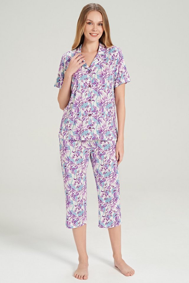 FEYZA Capri-Pyjama Damen Capri-Pyjama-Set mit Blattdruck und Knopfleiste Weiches Tragegefühl, Knopfleiste vorne, Caprilänge, elastischer Bund FEYZA Capri-Pyjama Damen Capri-Pyjama-Set mit Blattdruck und Knopfleiste Weiches Tragegefühl, Knopfleiste vorne, Caprilänge, elastischer Bund von FEYZA