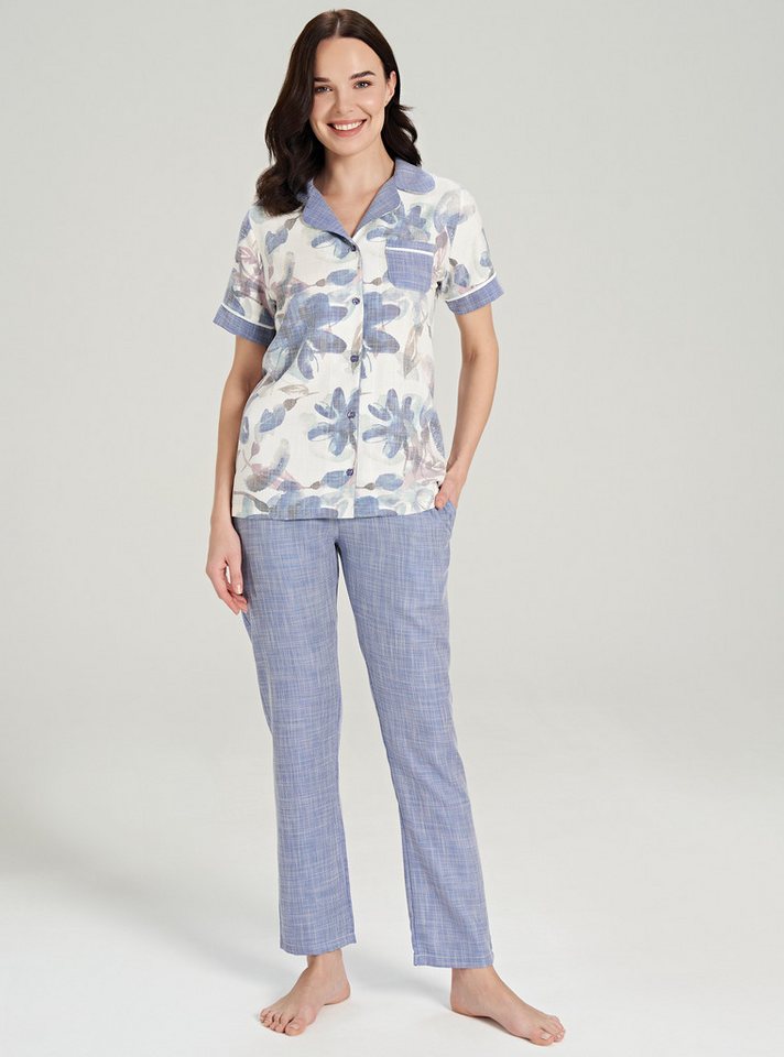 FEYZA Capri-Pyjama Damen Pyjama-Set aus Baumwolle mit Knöpfen und Blumenmuster FEYZA Capri-Pyjama Damen Pyjama-Set aus Baumwolle mit Knöpfen und Blumenmuster von FEYZA