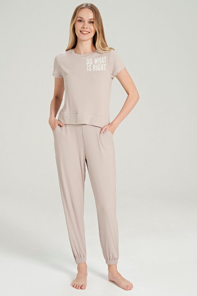 FEYZA Pyjama Damen Pyjama-Set im Rippenlook – Beige & Hellblau, Elastikbund FEYZA Pyjama Damen Pyjama-Set im Rippenlook – Beige & Hellblau, Elastikbund von FEYZA