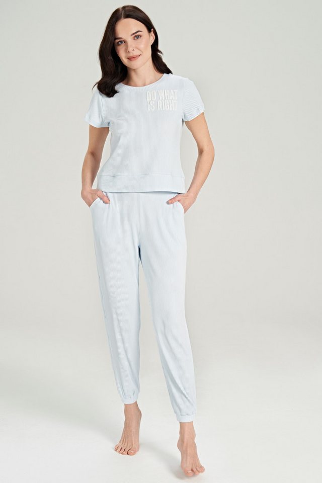 FEYZA Pyjama Damen Pyjama-Set im Rippenlook – Beige & Hellblau, Elastikbund FEYZA Pyjama Damen Pyjama-Set im Rippenlook – Beige & Hellblau, Elastikbund von FEYZA