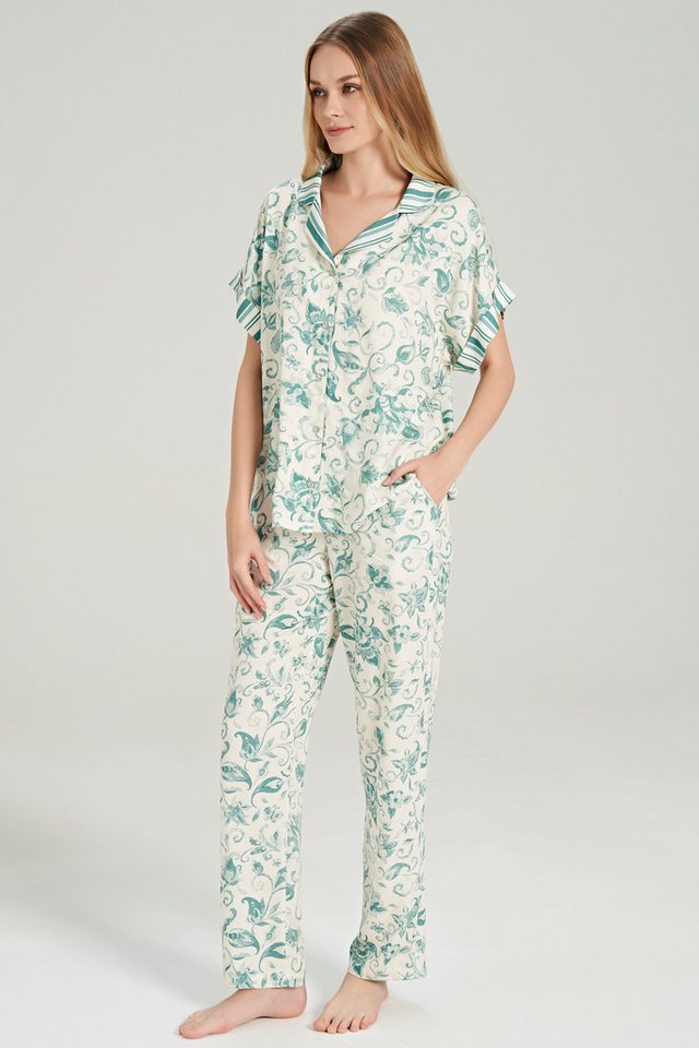 FEYZA Pyjama Gewebtes Damen Pyjama-Set mit Knopfleiste und Blumenmuster von FEYZA