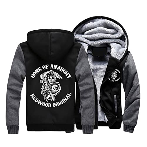 Herren Kapuzenpullover mit Anarchy Sons Print and Reißverschluss Langarm Kapuzenjacke Winter Warm Fleece-Innenseite Sweatshirt Plus Dicke Fleecejacke Sweatjacke Mit Kapuze(Gray,XXL) von FEegar
