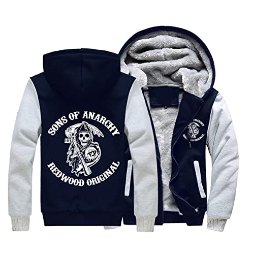 Herren Kapuzenpullover mit Anarchy Sons Print and Reißverschluss Langarm Kapuzenjacke Winter Warm Fleece-Innenseite Sweatshirt Plus Dicke Fleecejacke Sweatjacke Mit Kapuze(Navy,L) von FEegar